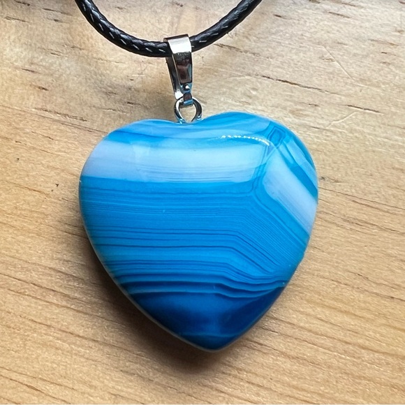 New Heart Shaped Blue Botswana Striped Agate Petite Pendant Necklace with Cord - Picture 2 of 7